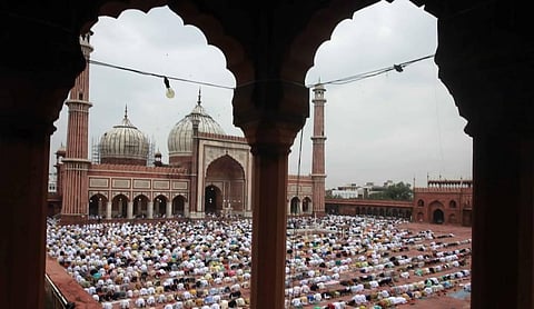 Devotees offer Eid al-Adha prayers at Jama Masjid in New Delhi on Saturday. (Photo | Shekhar Yadav/EPS)