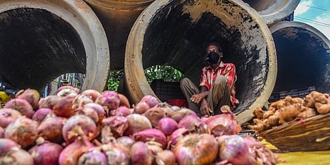 A vendor takes shelter in a big concrete pipe while selling vegetables on a roadside near Jharpada during lockdown in Bhubaneswar. (Photo | Biswanath Swain , EPS)