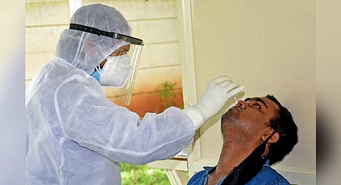 A health worker collects samples of patients at a new swab collection centre in Mysuru. (File Photo | Udayshankar S, EPS)