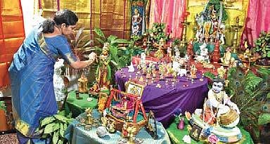 B Padmavathi with her collection of Lord Krishnas at her residence in Hyderabad on the occasion of Janmashtami. (Photo | EPS/R V K Rao)