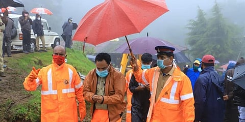 Fire Force and NDRF teams are conducting a search operation at Pettimudi near Rajamala in Munnar. (Photo | EPS)