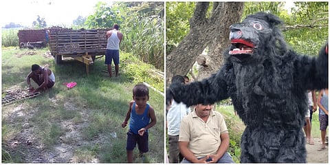 Villagers making bamboo trolleys (L) and a youth dressed up as a bear in Bihar's Awaraiya-Barai tola village. (Photo| EPS)