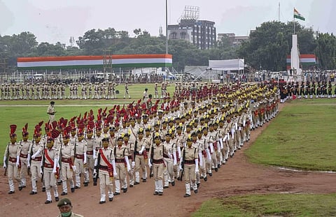 Contingents of Indian Armed Force march-past during the full dress rehearsal for the 74th Independence Day parade at Gandhi Maidan in Patna on Thurday. (Photo | PTI)