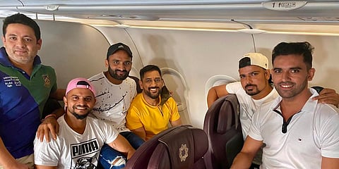 CSK skipper MS Dhoni (in yellow) with his teammates. (Photo| Twitter/ @ImRaina)