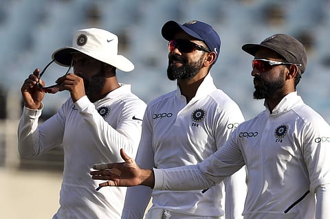 From Right to Left: Ajinkya Rahane, Virat Kohli and Ravindra Jadeja. (Photo | AP)