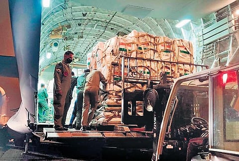 Emergency humanitarian aid being loaded onto an IAF C17 aircraft | Twitter