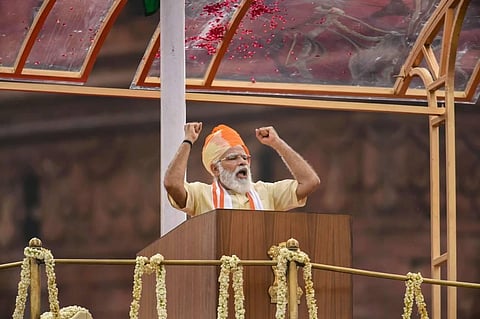 Prime Minister Narendra Modi addresses the nation during the 74th Independence Day celebrations at Red Fort in New Delhi Saturday Aug 15 2020. (Photo | PTI)