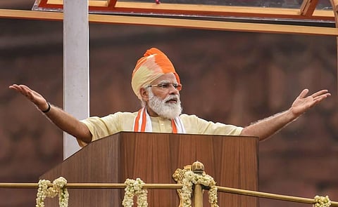 Prime Minister Narendra Modi addresses the nation during the 74th Independence Day celebrations at Red Fort in New Delhi Saturday Aug 15 2020. (Photo | PTI)