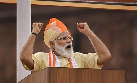 Prime Minister Narendra Modi addresses the nation during the 74th Independence Day celebrations at Red Fort in New Delhi Saturday Aug 15 2020. (Photo | PTI)