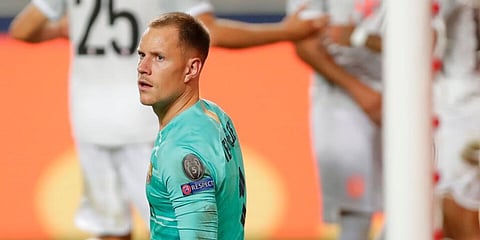 Barcelona's goalkeeper Marc-Andre ter Stegen after conceding eight goal during the Champions League quarterfinal match against Bayern Munich. (Photo | AP)
