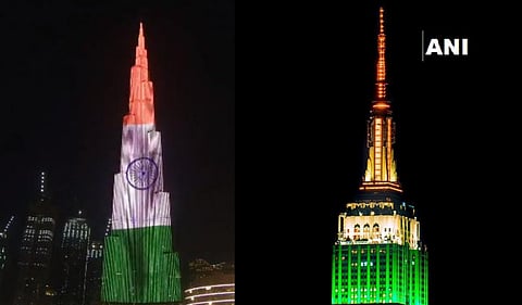 (L) The Bruj Khalifa and the Empire State Building illuminated in colours of India's national flag.