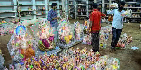 Members of Kumbhar community engaged in making the Ganesha idols at KSIMKSUSS workshop, in Konnur. (Photo| Ashishkrishna HP, EPS)