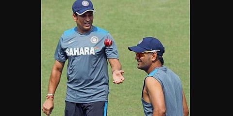 Former India captain MS Dhoni with batting legend Sachin Tendulkar (Photo | PTI)