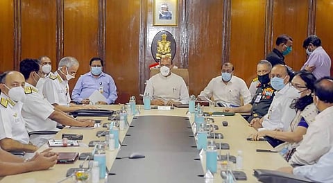 Defence Minister Rajnath Singh during the inaugural session of the Naval Commanders Conference 2020 at Sena Bhawan in New Delhi. (Photo | Twitter)