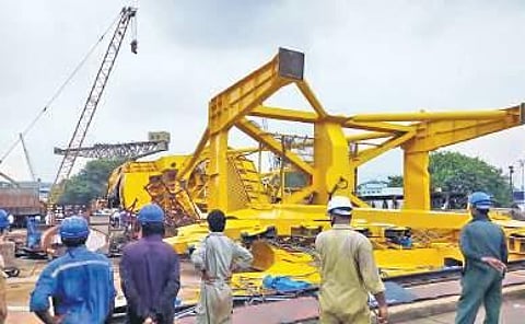 The 70-tonne jetty crane which collapsed at Hindustan Shipyard Ltd in Visakhapatnam on Friday