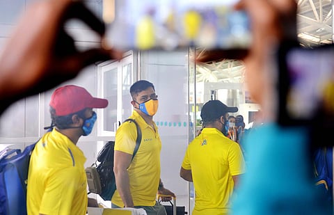 Chennai Super Kings skipper MS Dhoni at Chennai Airport before leaving to UAE. (Photo | Debadatta Mallick, EPS)