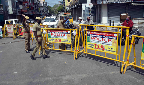 File photo of a junction near Quaide Millath salai in Triplicane, closed for traffic by placing barricades as a precautionary measure to prevent the spread of COVID-19. (FilePhoto | Martin Louis, EPS)