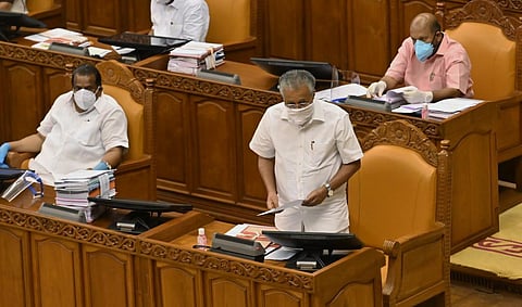 Chief Minister Pinarayi Vijayan informing the Opposition that the five hour discussion on no-confidence motion will be taken up after the official procedures are over. (Photo | EPS)