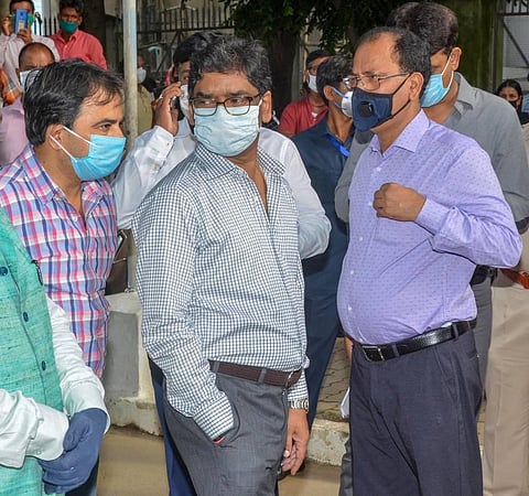 Jharkhand Chief Minister Hemant Soren arrives at the Medanta Hospital where his father and Jharkhand Mukti Morcha Chief JMM chief Shibu Soren was admitted. (Photo | PTI)