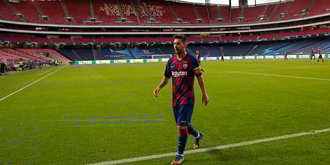 Barcelona's Lionel Messi walks win the pitch during the Champions League quarterfinal match between FC Barcelona and Bayern Munich. (Photo | AP)