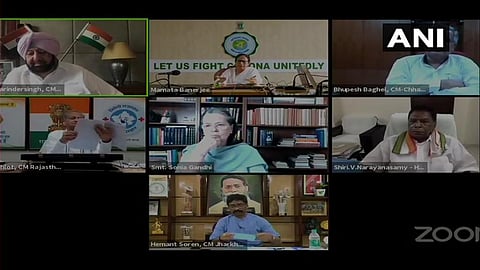 Sonia Gandhi and Opposition-ruled state CMs at a virtual meeting. (Photo | Twitter/ANI)