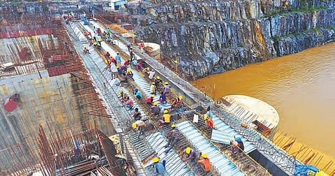 The works at Polavaram project. According to MEIL, works are going on uninterrupted even as discharge stands at 19 lakh cusecs