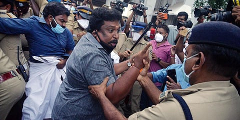 Kerala BJP secretary P Sudheer was heckled by the police when he tried to enter the Secretariat following the fire mishap. (Photo| Vincent Pulickal, EPS)