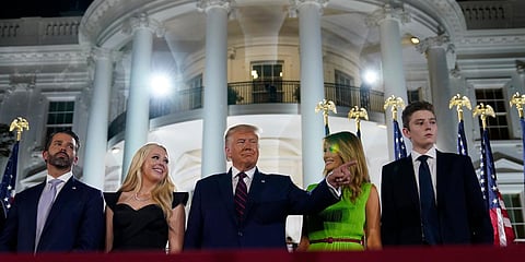 US President Donald Trump and his family members stand on the South Lawn of the White House on the fourth day of the Republican National Convention. (File photo| AP)