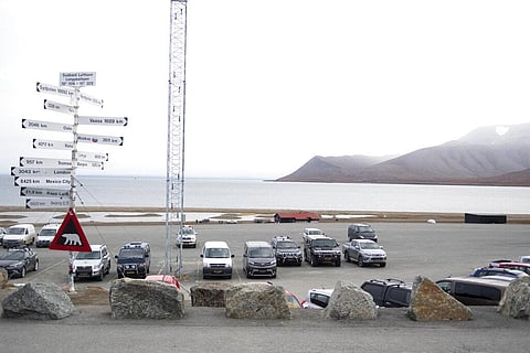 A parking area part of the Longyearbyen camp site, near red roof at centre, after a polar bear attacked the site and killed a man in Norway's remote Svalbard Islands in the Arctic. (Photo | AP)