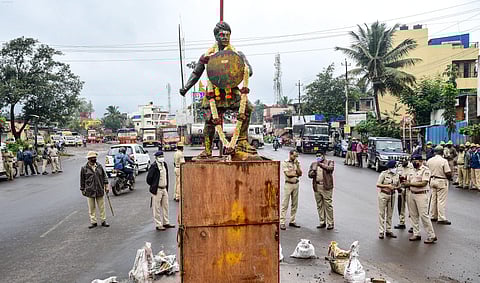 The statue of Krantiveer Sangolli Rayanna installed by Kannada activists at Peeranwadi past midnight on Friday