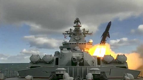 Russia's Varyag missile cruiser fires a cruise missile as part of the Russian navy manoeuvres in the Bering Sea. (Photo | AP)