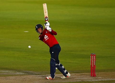 England's Tom Banton plays a shot during the first Twenty20 cricket match between England and Pakistan, at Old Trafford in Manchester, England, Friday, Aug. 28, 2020. (Photo | AP)