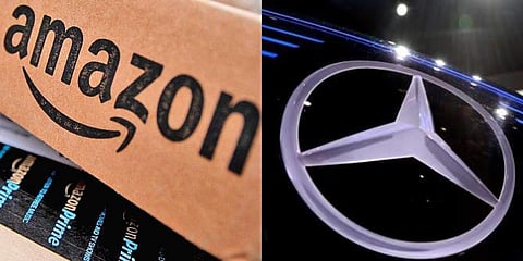 Logos of Amazon (L) and Mercedes Benz (File photo| AP)