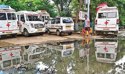 Ambulances parked near Sajjan Rao Circle in Bengaluru on Sunday | Shriram BN