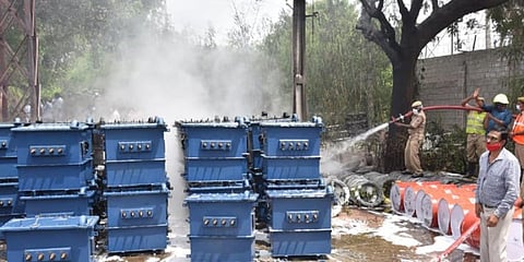 Transformers were gutted in fire accident at electric godown at NPDCL in Karimnagar on Saturday. (Photo| EPS)