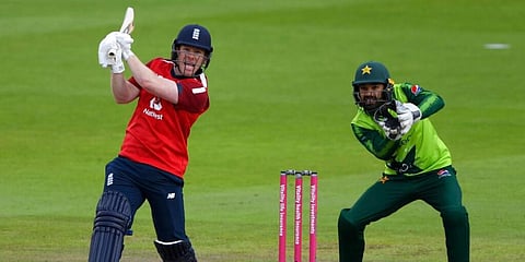England's captain Eoin Morgan hitting a boundary during the second Twenty20 cricket match between England and Pakistan. (Photo | AP)