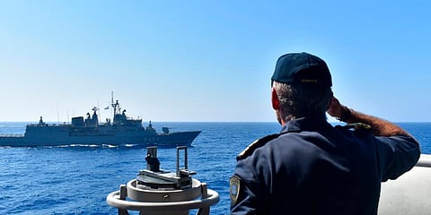 In this photo provided by the Greek Defense Ministry, warships take part in a military exercise in Eastern Mediterranean sea. (Photo | AP)
