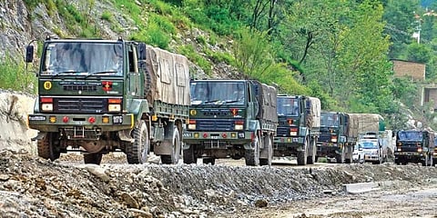 Indian Army trucks move towards Ladakh via Leh-Manali Highway. (Photo | PTI)