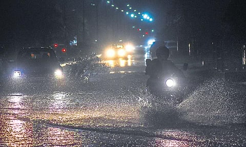 A waterlogged road near Forest Park in Bhubaneswar on Monday | EXPRESS