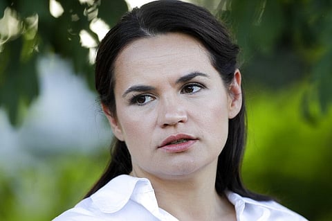In this photo taken on Sunday, Aug. 2, 2020, Sviatlana Tsikhanouskaya, candidate for the presidential elections, speaks to journalists after a meeting in her support in Belarus. (File Photo | AP)