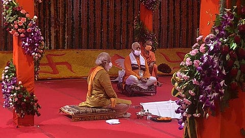 PM Modi performs Bhoomi Pujan at the Ram Temple site. (Photo | Express)