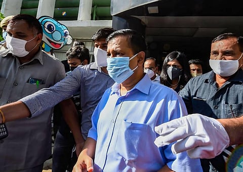 Delhi chief minister Arvind Kejriwal at AIIMS where a 12-year-old sexual assault victim has been admitted. (Photo | PTI)