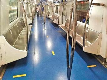 Yellow stickers to maintain social distance inside trains, stations
