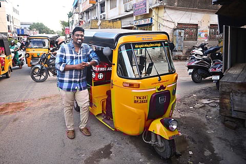 D Arul Raj with his autorickshaw. (Photo | Debadatta Mallick, EPS)