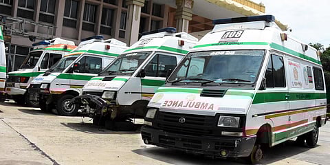 A damaged ambulance service was parked at srinivasam in Tirupati on Friday. (Photo| Madhav K, EPS)