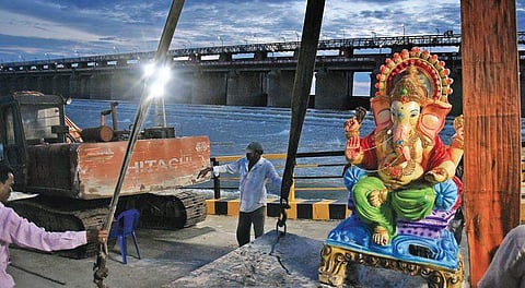 An idol of Lord Ganesha before immersion at the downstream of the Prakasam Barrage in Vijayawada (File photo| EPS)