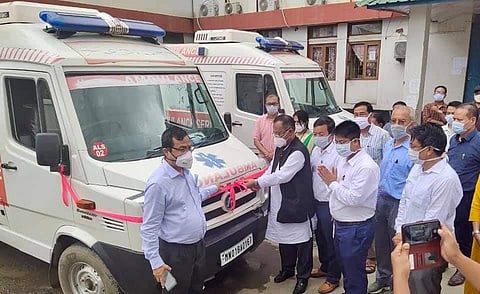 State Health Minister L Jayantakumar at the distribution of dedicated ambulances to different districts (Photo | EPS)
