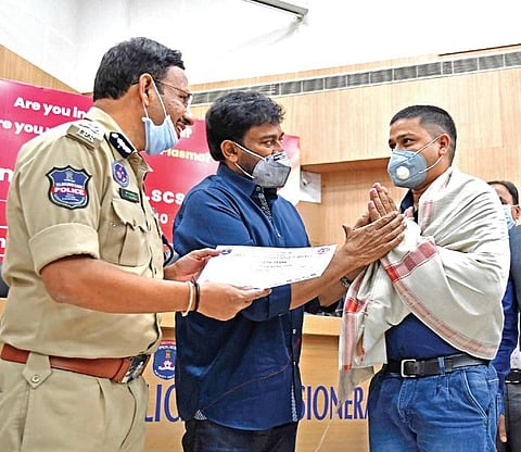 Actor Chiranjeevi felicitated plasma donors at a programme organised by Cyberabad Police. Commissioner Sajjanar is also seen in the photograph