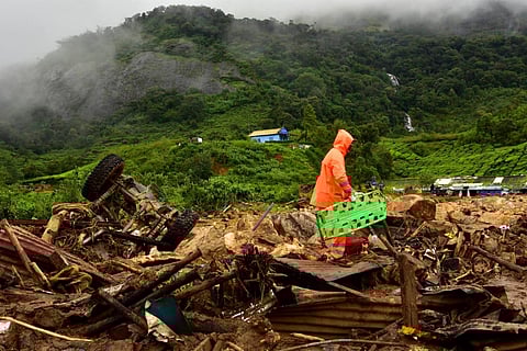 Fire Force and NDRF teams conducting a search operation at Pettimudi near Rajamala in Munnar, where a landslide killed at least 24 people. (Photo | Albin Mathew, EPS)