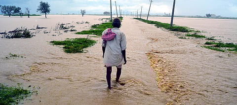 A man seen walking through flooded plains. (Representational Photo | EPS)